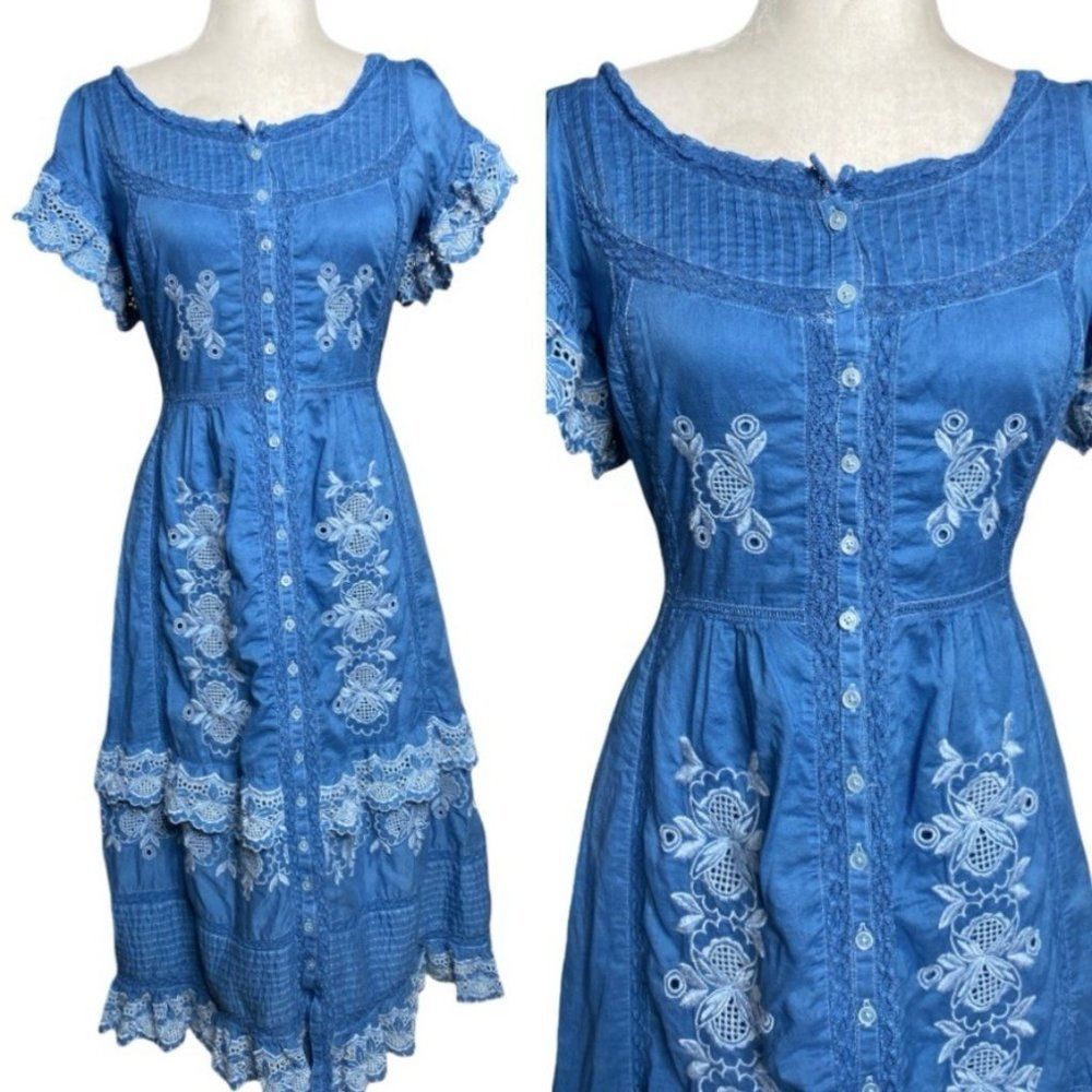 J Crew reimagined blue embroidered maxi dress